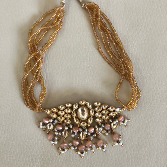 Vintage Costume Jewelry Choker Set in dusty pink and golden strands of beads. - Picture 3 of 6